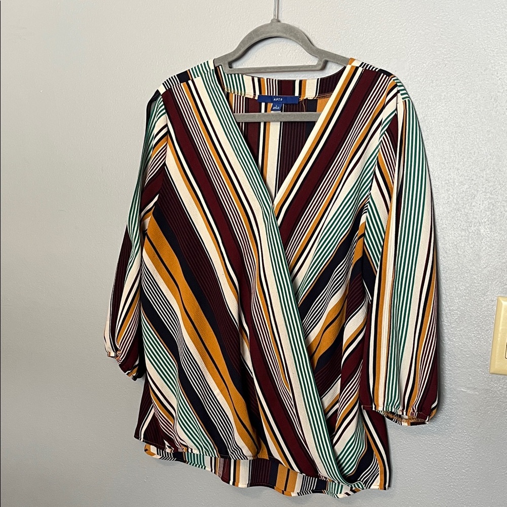 Apt. 9 Multi-Stripe Wrap Blouse in Burgundy, Mustard & Teal
